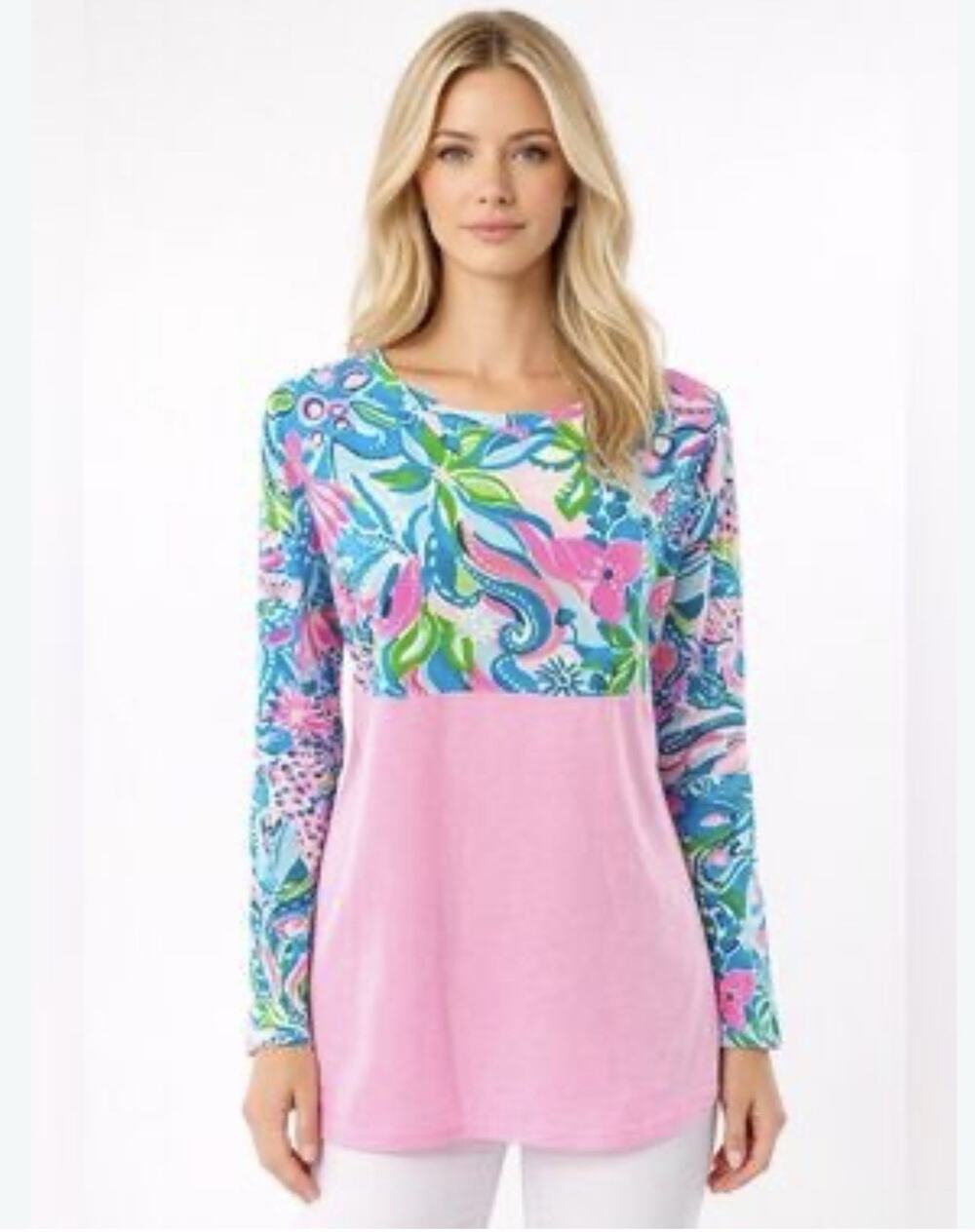 Lilly Pulitzer Finn Top Turquoise Oasis Golden Hour Long Sleeve Small